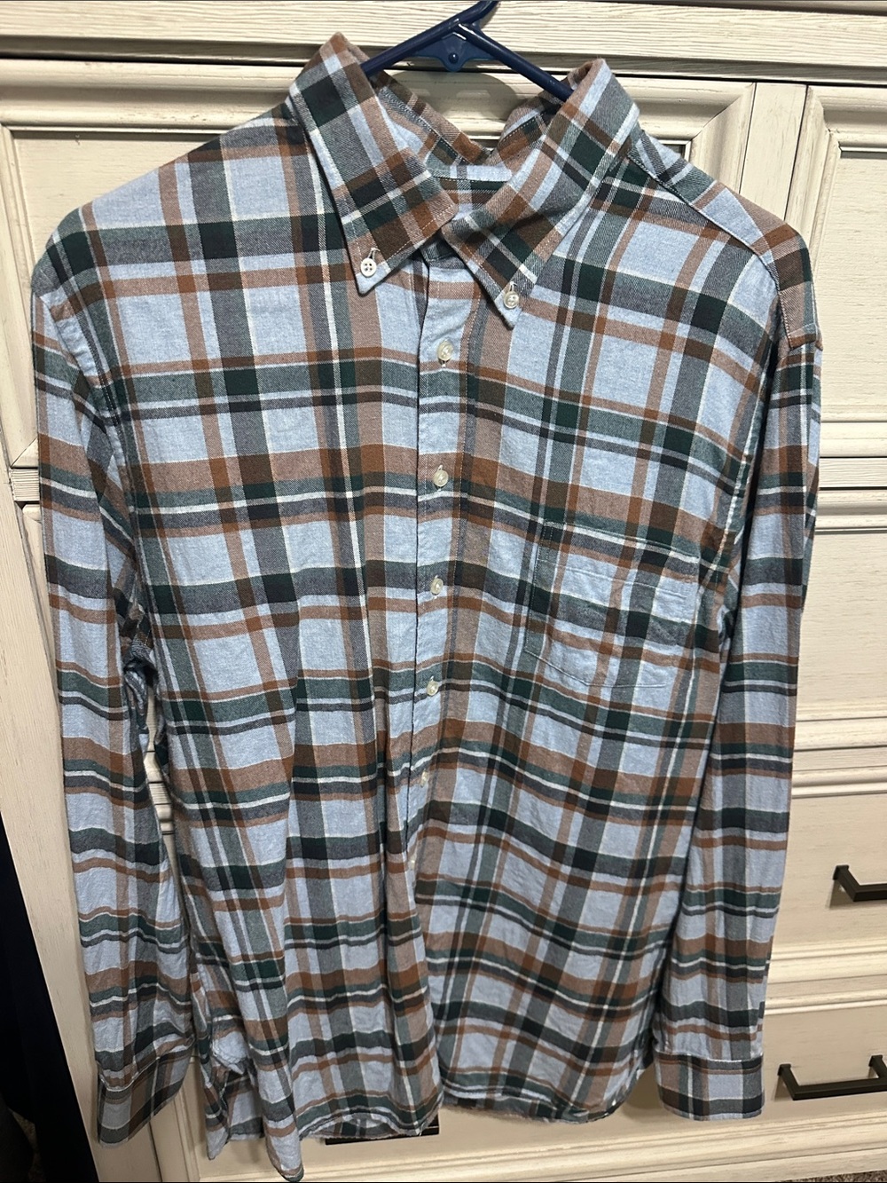 Men's Long-Sleeve Plaid Button-Down Shirt — Light Blue, Brown & Green
